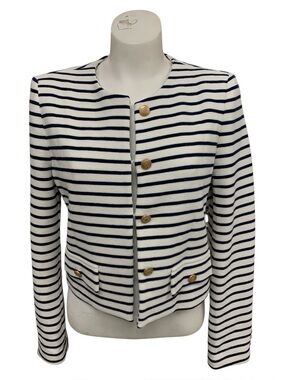 Goelia Striped Navy and White Collarless Blazer with Gold Buttons Size M
